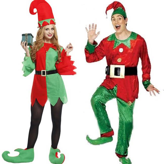 Funny couples Christmas costumes perform uniforms green mix red suit