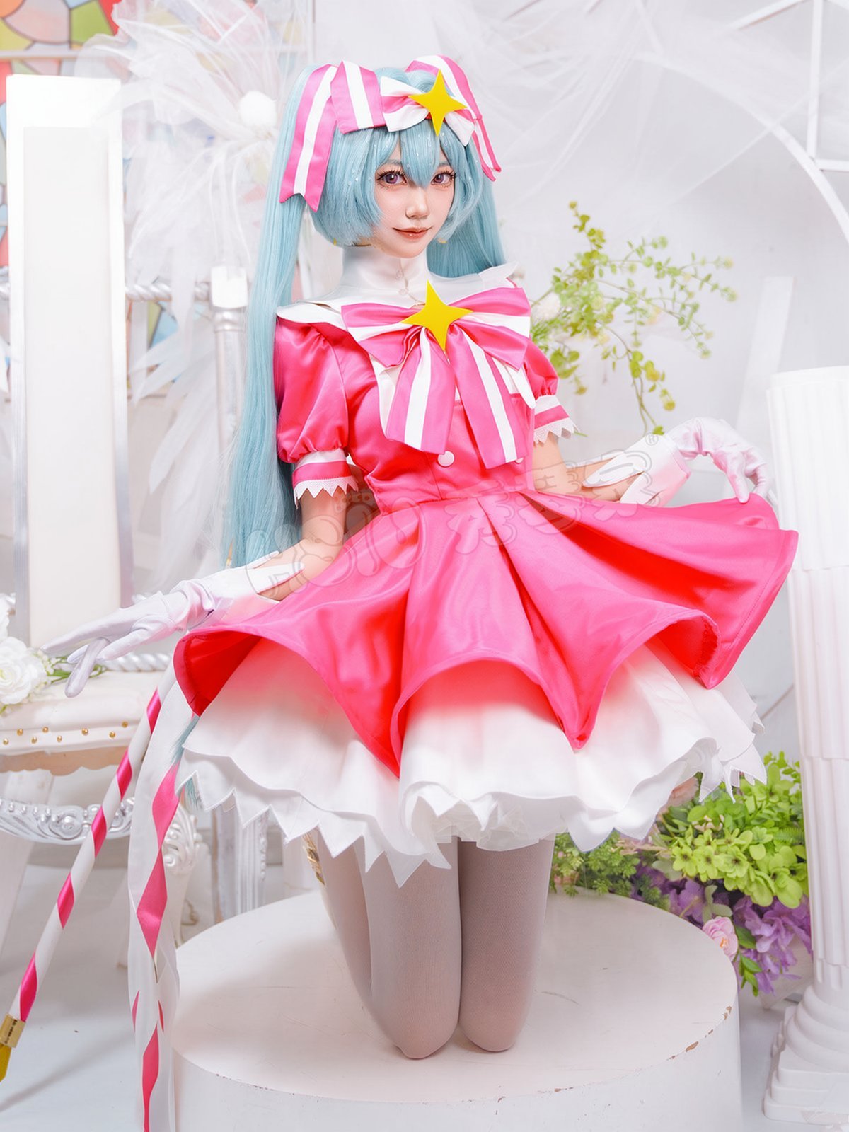 Hatsune Miku Ima Sugu Rinne Cosplay Costume Pink Magical Girl Dress with Oversized Skirt, Wig and Wand Options