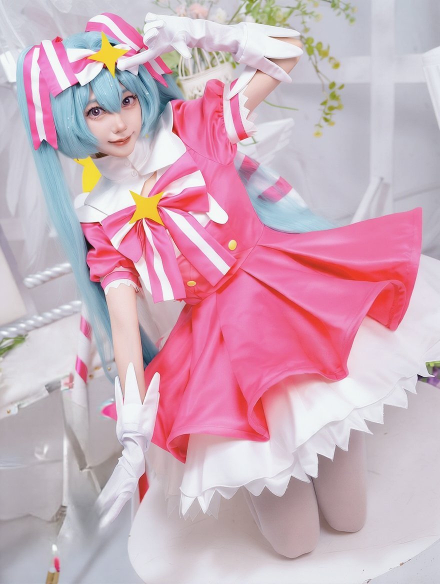 Hatsune Miku Ima Sugu Rinne Cosplay Costume Pink Magical Girl Dress with Oversized Skirt, Wig and Wand Options