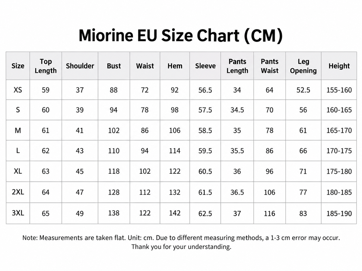 Miorine size chart