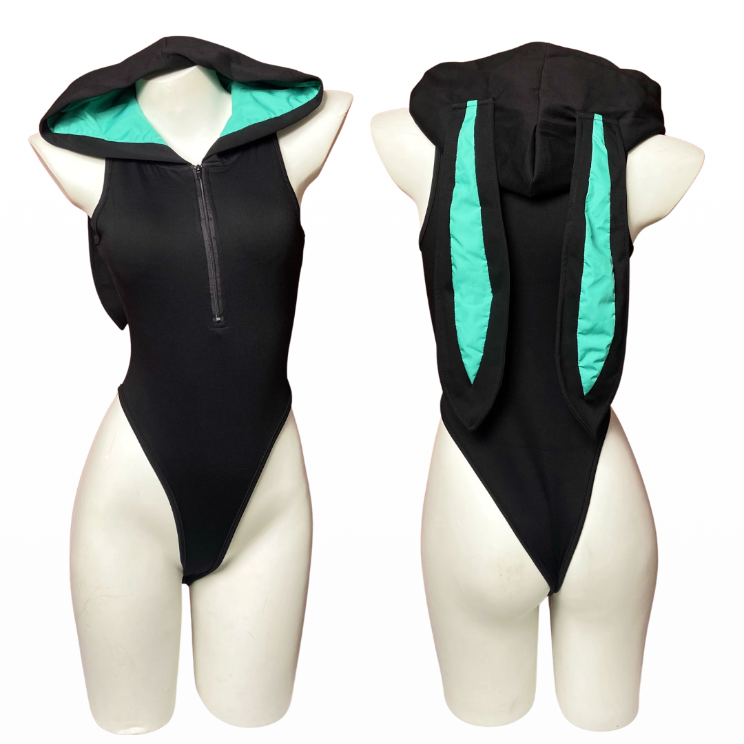 Rolecosplay Black & Mint Green Hooded Bunny Bodysuit