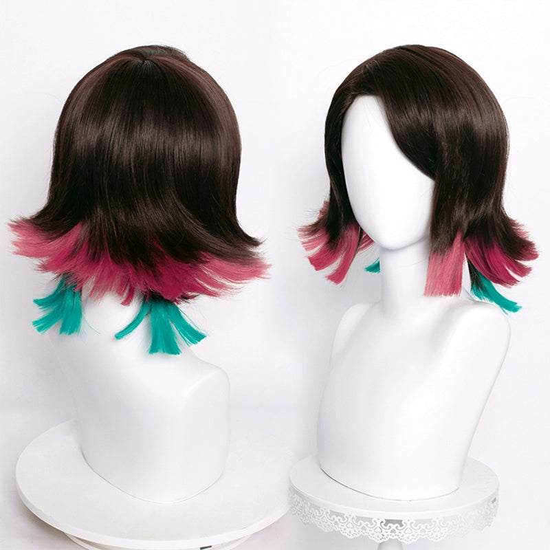 Rolecosplay Demon Slayer Enmu 35cm Dark Brown Mixed Pink Green Cosplay Wig