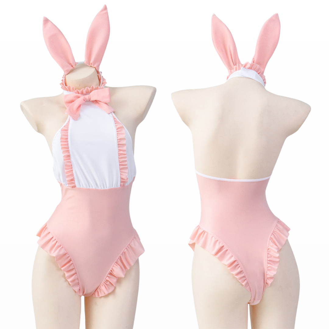 Rolecosplay Kawaii Pink Ruffled Apron Style Bunny Bodysuit Cosplay Costume
