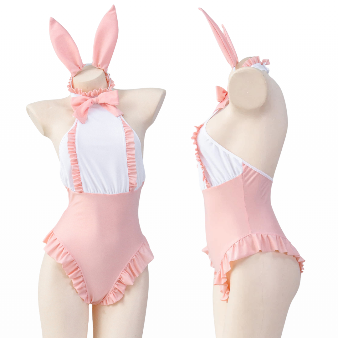 Rolecosplay Kawaii Pink Ruffled Apron Style Bunny Bodysuit Cosplay Costume
