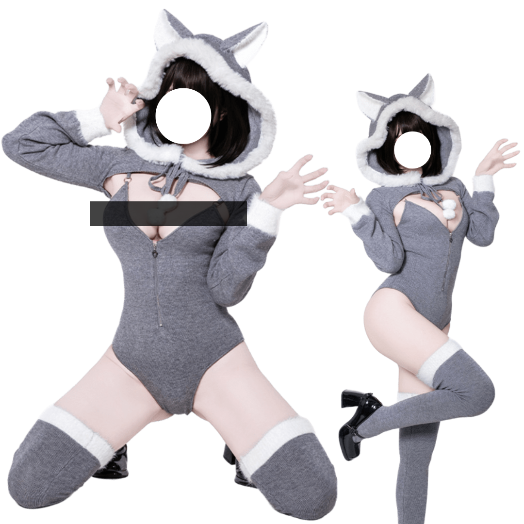 Rolecosplay Sexy Cozy Heather Grey Cat-Ear Hooded Bodysuit Set