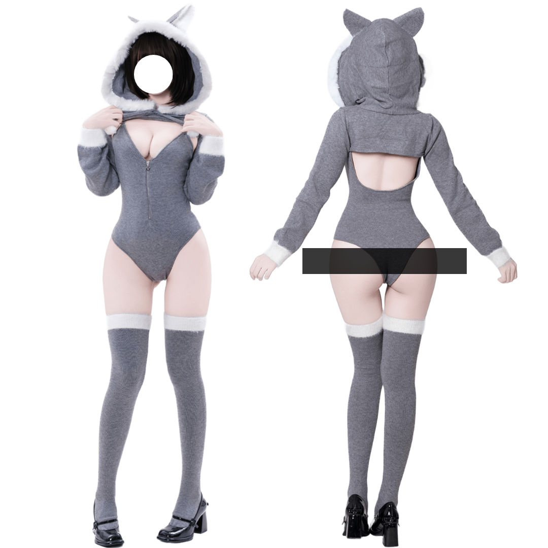 Rolecosplay Sexy Cozy Heather Grey Cat-Ear Hooded Bodysuit Set