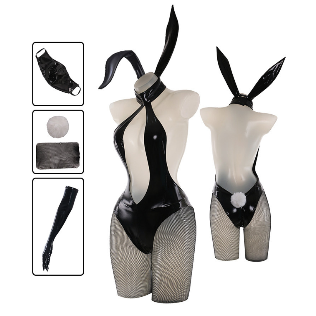 Rolecosplay Black Bunny Bodysuit Sexy Cosplay Glossy Halter Cut-Out One-Piece