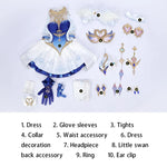 Blue and white fantasy cosplay costume set, full set flat lay