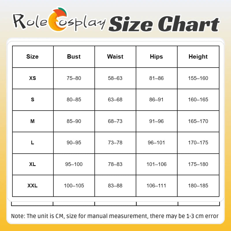 Blue and white fantasy cosplay costume size chart