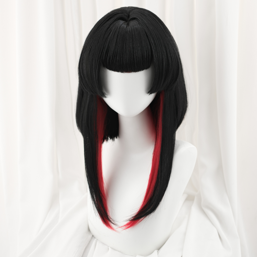 Black and red wig on a mannequin head against a white background Rolecosplay LOL After Hour Ahri Cosplay Wig