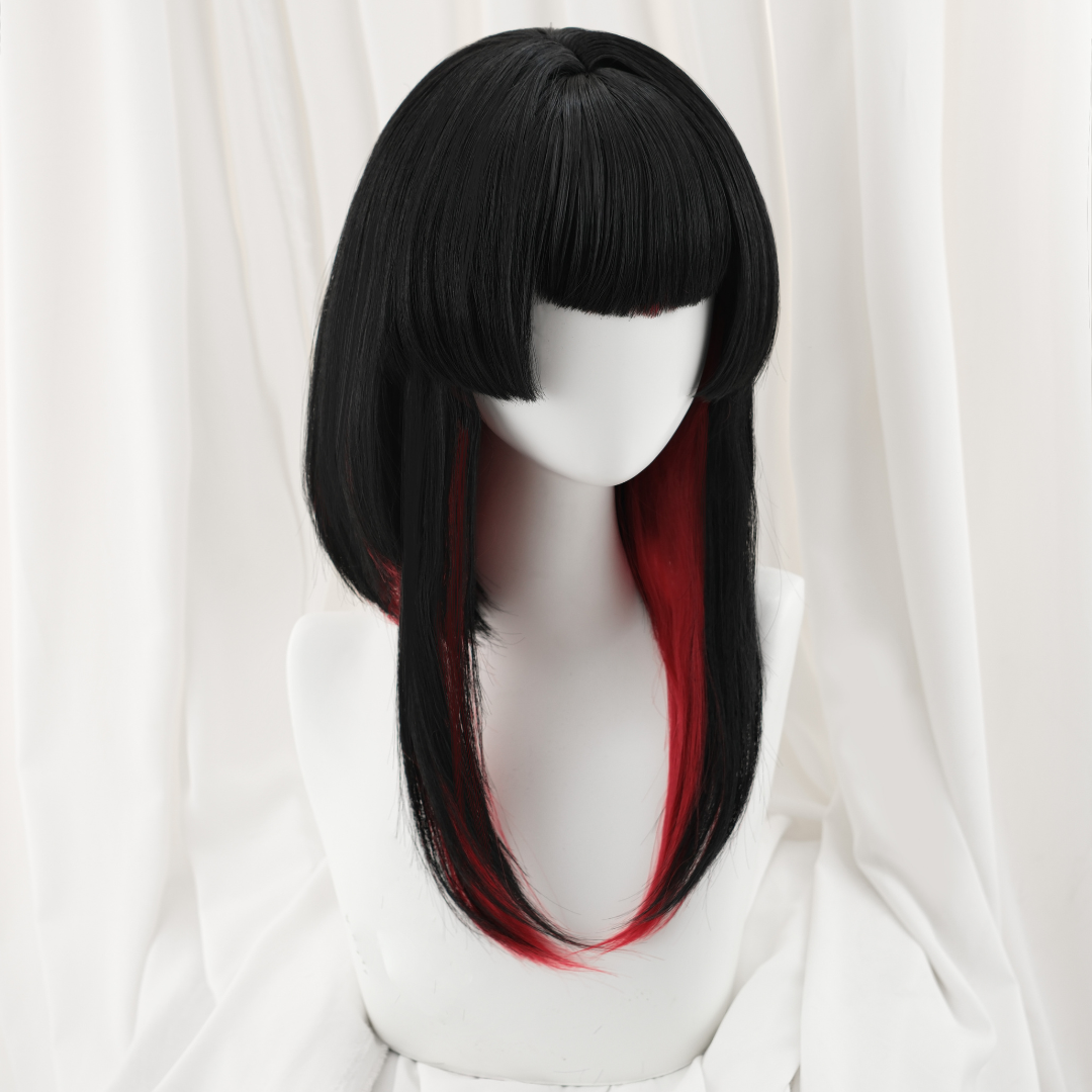 Black and red wig on a mannequin head against a white curtain background Rolecosplay LOL After Hour Ahri Cosplay Wig