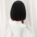 Person wearing a black and red wig with a white curtain background Rolecosplay LOL After Hour Ahri Cosplay Wig