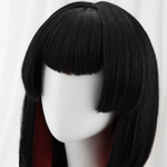 Black wig with a straight fringe on a white mannequin head against a white background Rolecosplay LOL After Hour Ahri Cosplay Wig