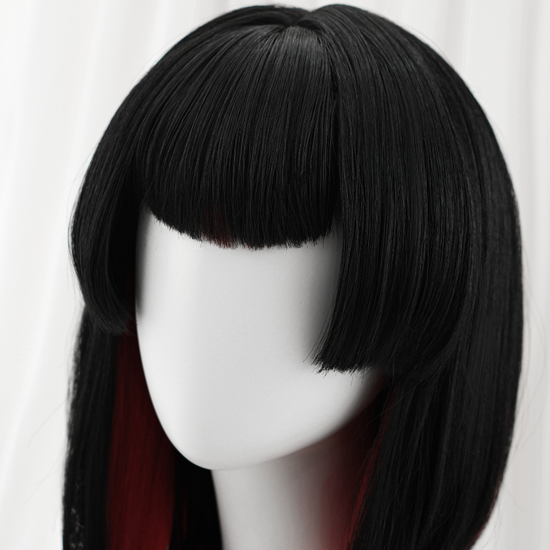 Black wig with a straight fringe on a white mannequin head against a white background Rolecosplay LOL After Hour Ahri Cosplay Wig