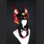 Furry mask with red and black design on a mannequin head against a dark background Rolecosplay LOL After Hour Ahri Cosplay Wig