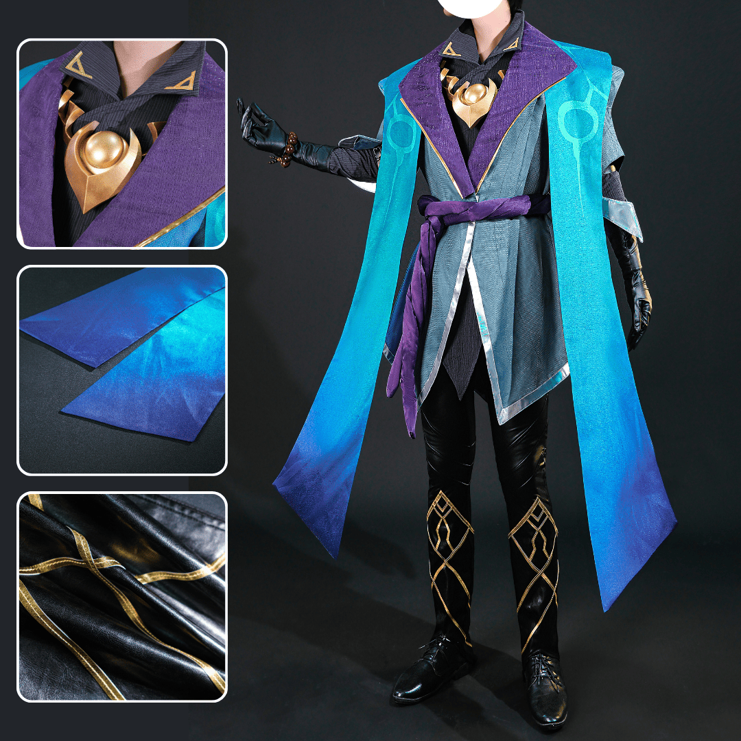 Costume with blue and purple accents, featuring close-up details on a black background Rolecosplay LOL Aphelios Cosplay Costume
