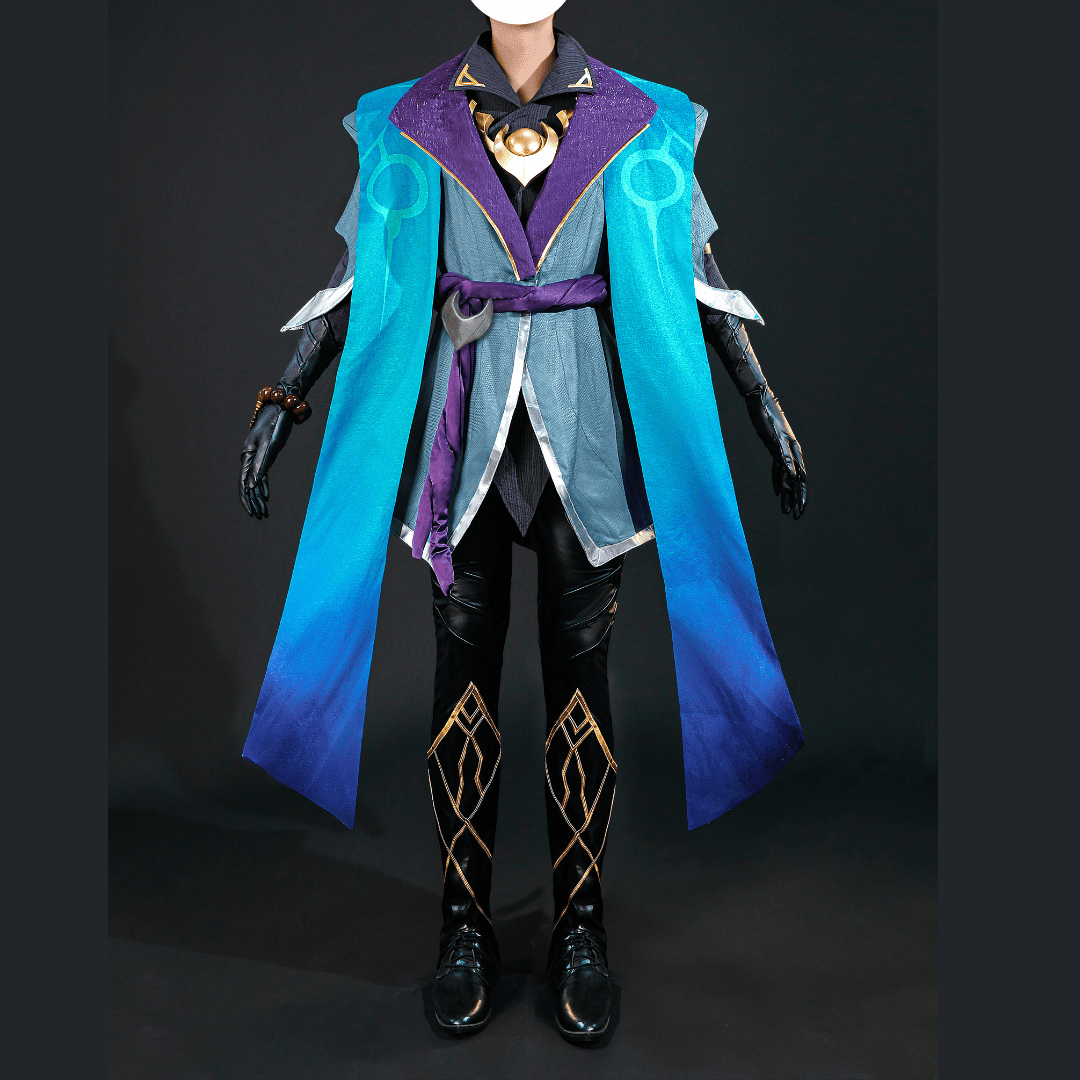 Costume with blue and purple accents on a dark background Rolecosplay LOL Aphelios Cosplay Costume