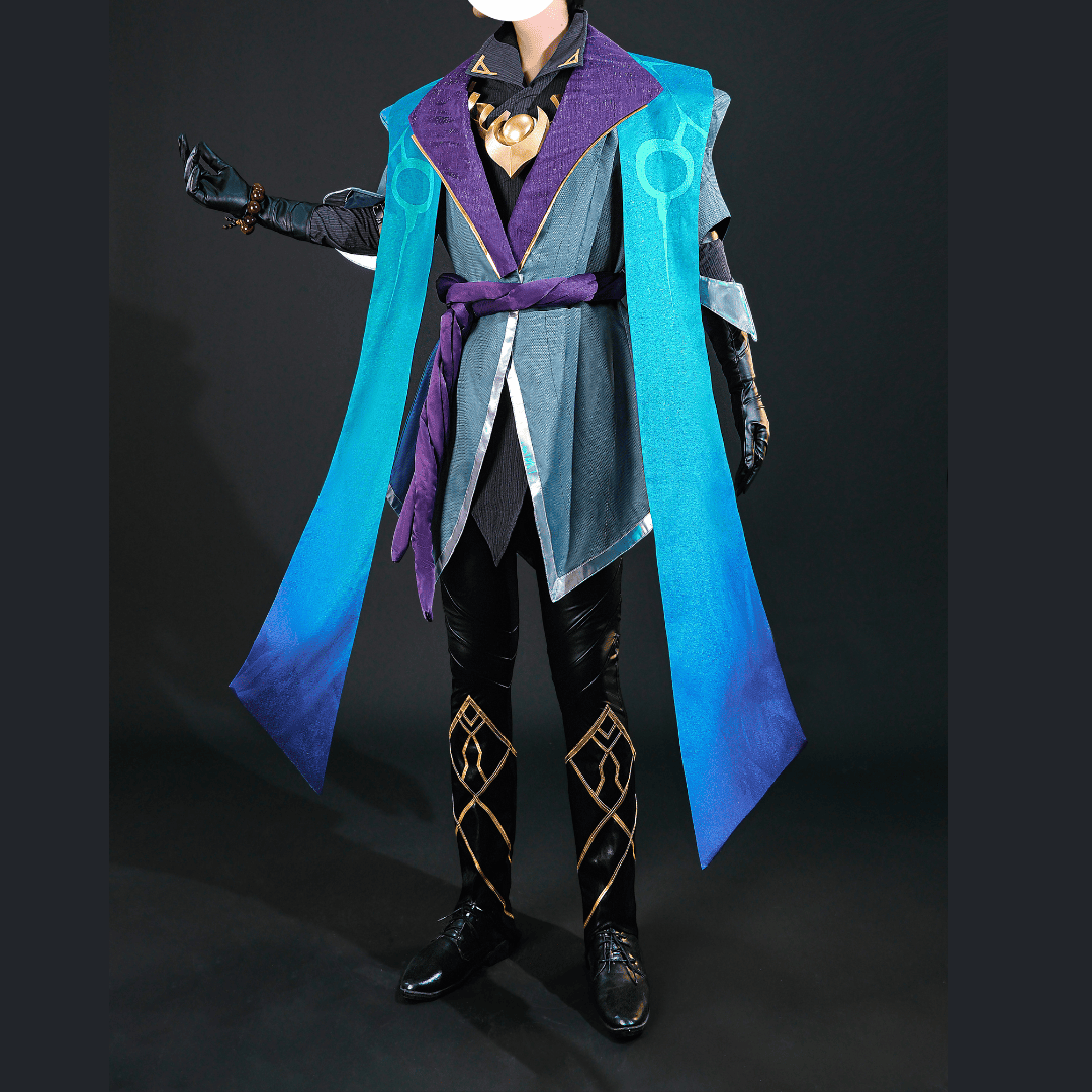 Person wearing a detailed costume with blue and purple accents on a black background Rolecosplay LOL Aphelios Cosplay Costume