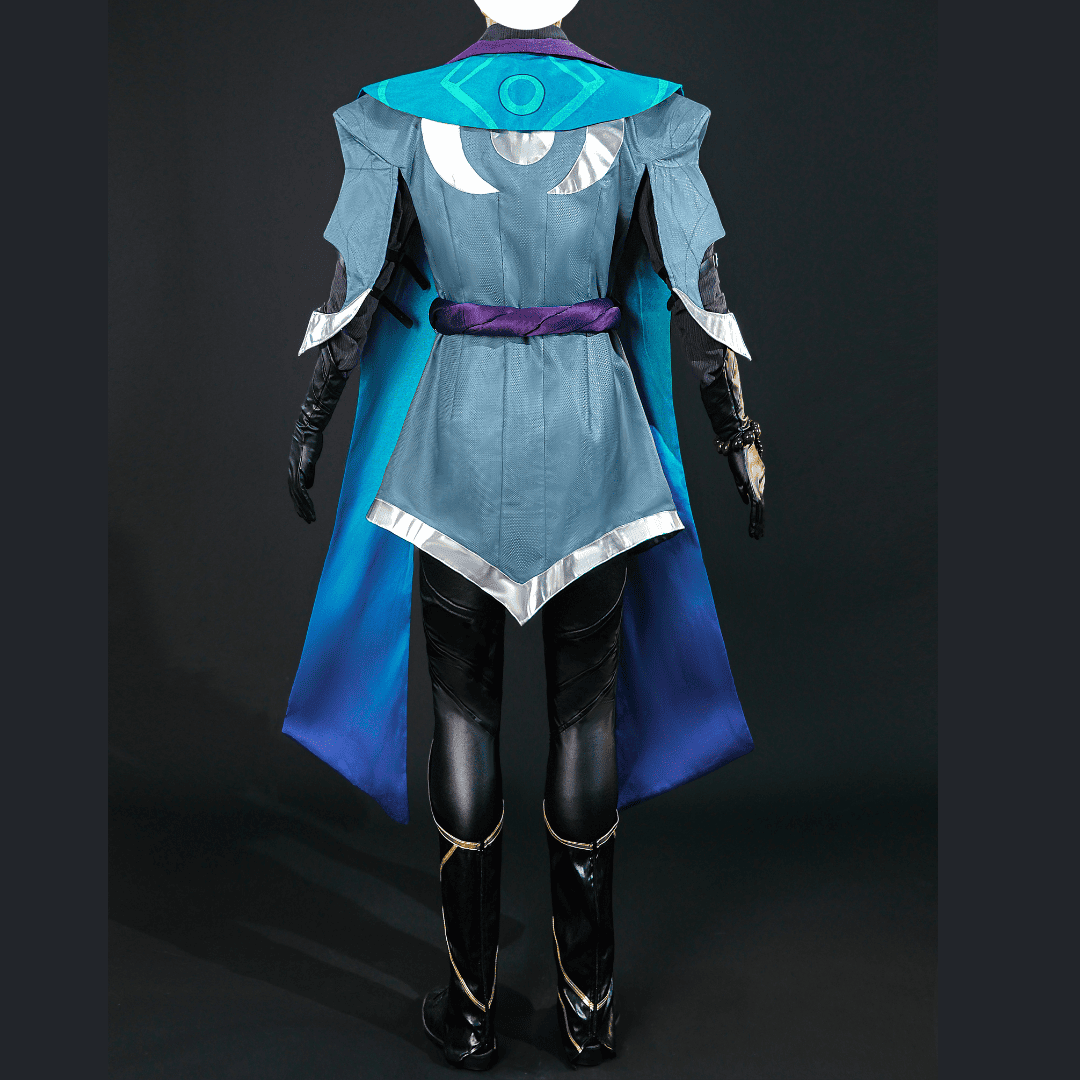 Cosplay costume with blue and black design on a dark background Rolecosplay LOL Aphelios Cosplay Costume