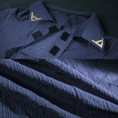 Folded navy blue shirt with gold accents on a dark background Rolecosplay LOL Aphelios Cosplay Costume
