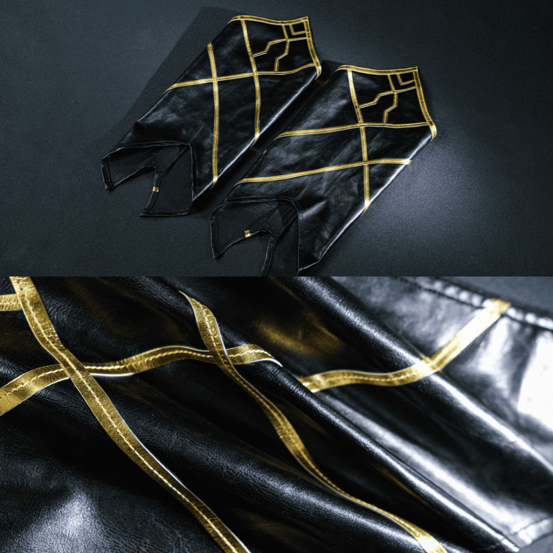 Black leather jacket with gold embroidery on a dark background Rolecosplay LOL Aphelios Cosplay Costume