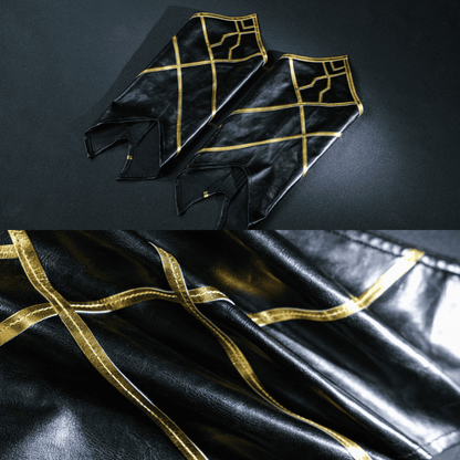 Black leather jacket with gold embroidery on a dark background Rolecosplay LOL Aphelios Cosplay Costume