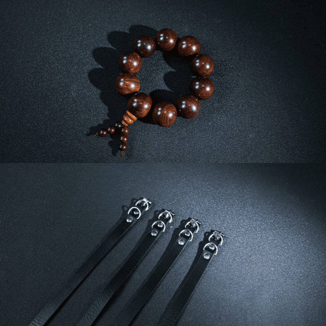 Wooden beaded bracelet and black leather straps on a dark surface Rolecosplay LOL Aphelios Cosplay Costume