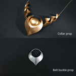 Gold collar prop and silver belt buckle prop on a dark background Rolecosplay LOL Aphelios Cosplay Costume