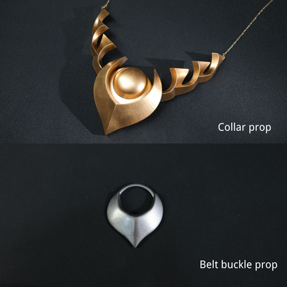 Gold collar prop and silver belt buckle prop on a dark background Rolecosplay LOL Aphelios Cosplay Costume
