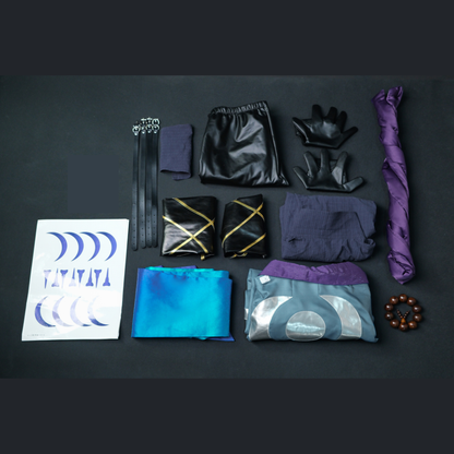 Collection of black leather accessories and a purple fabric roll on a dark gray background Rolecosplay LOL Aphelios Cosplay Costume