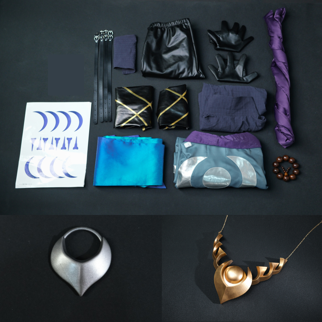 Collection of fashion accessories including jewelry and clothing items on a dark background Rolecosplay LOL Aphelios Cosplay Costume