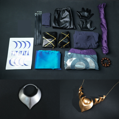 Collection of fashion accessories including jewelry and clothing items on a dark background Rolecosplay LOL Aphelios Cosplay Costume