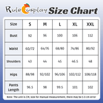 RoleCosplay size chart for clothing with measurements in centimeters.Rolecosplay LOL Aphelios Cosplay Costume