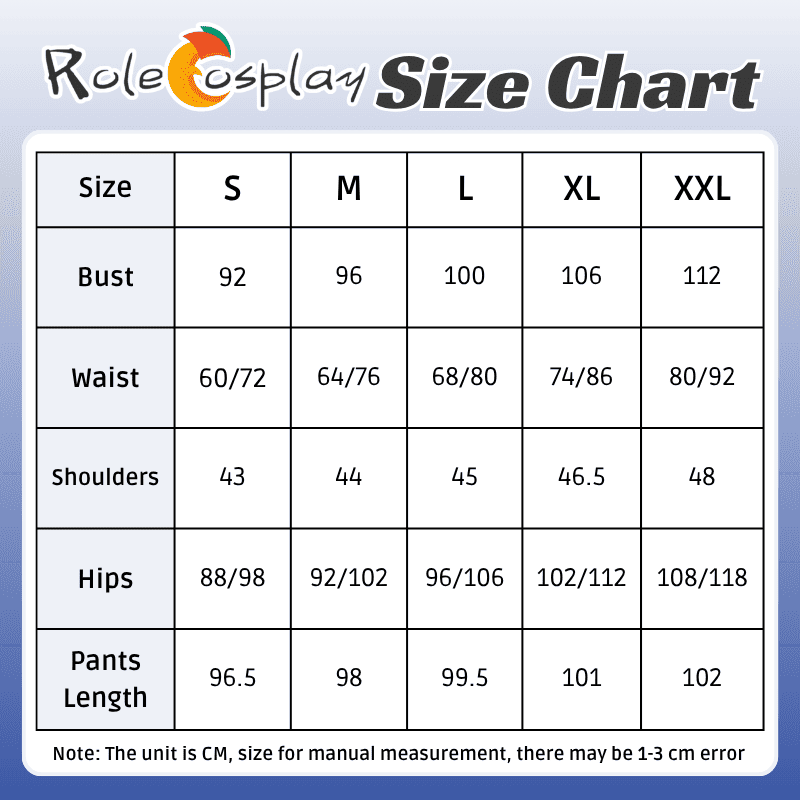 RoleCosplay size chart for clothing with measurements in centimeters.Rolecosplay LOL Aphelios Cosplay Costume