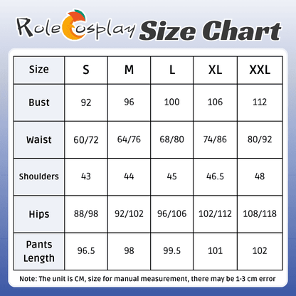 RoleCosplay size chart for clothing with measurements in centimeters.Rolecosplay LOL Aphelios Cosplay Costume