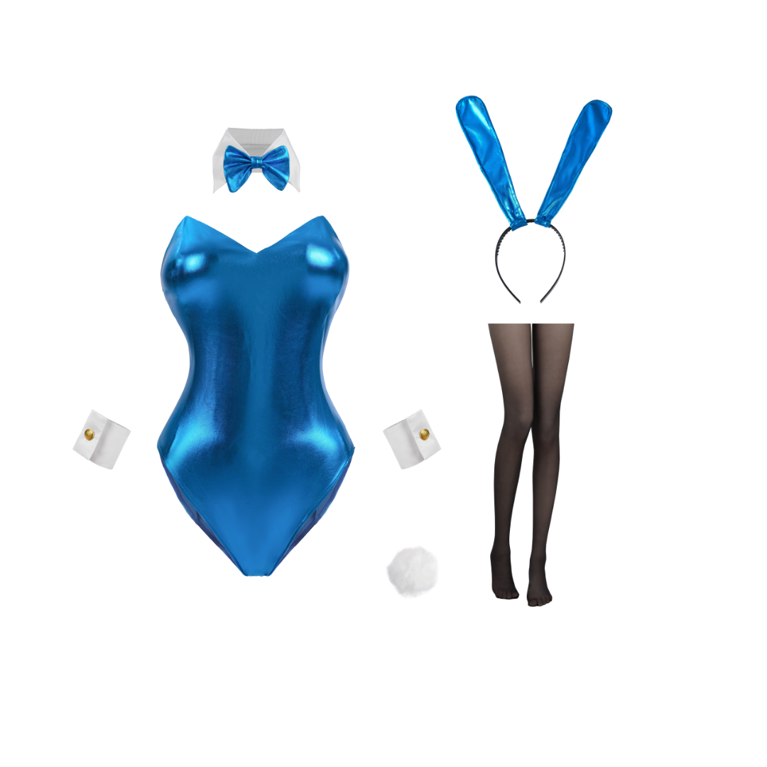 Rolecosplay Multi-Color Glossy Bunny Bodysuit Set Sexy Cosplay blue