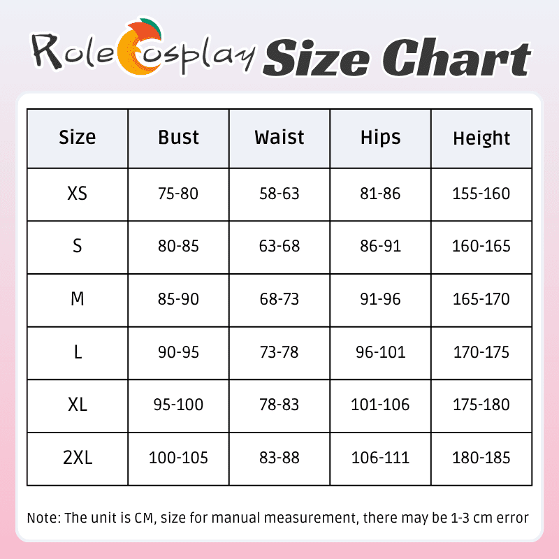 RoleCosplay size chart for clothing with measurements in centimeters.