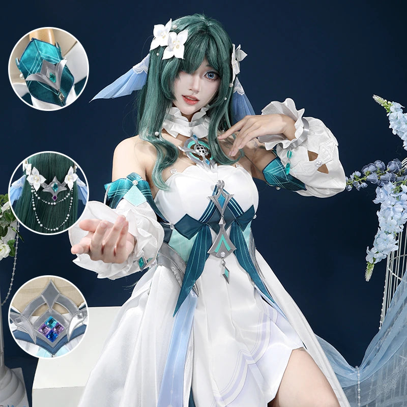 White and teal fantasy cosplay costume, full costume view