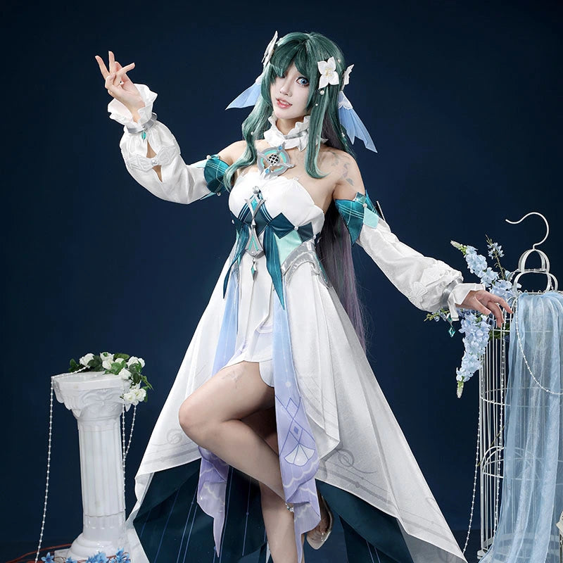 White and teal fantasy cosplay costume, full costume view
