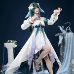 White and teal fantasy cosplay costume, full costume view