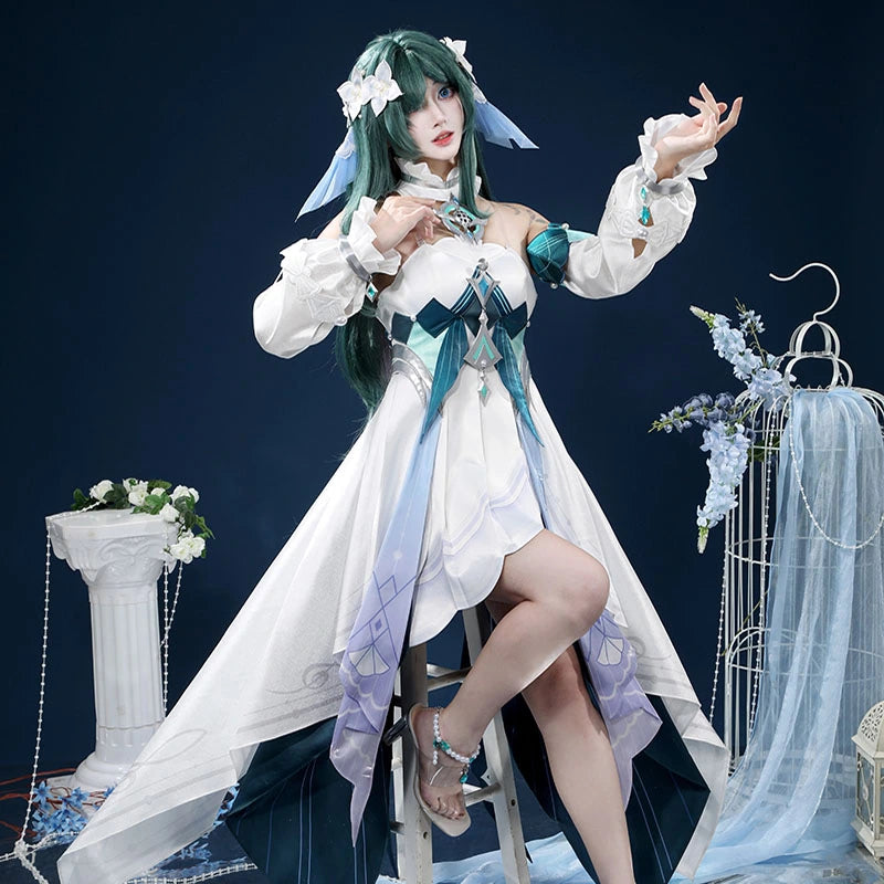 White and teal fantasy cosplay costume, full costume view