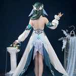 White and teal fantasy cosplay costume, full costume view
