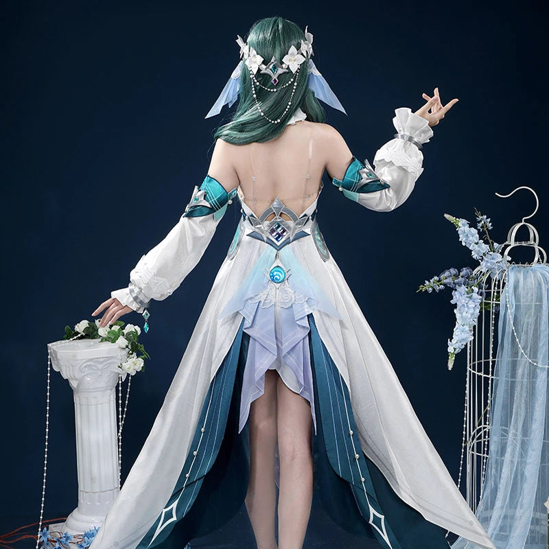White and teal fantasy cosplay costume, full costume view