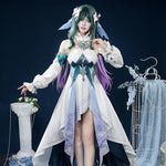 White and teal fantasy cosplay costume, full costume view