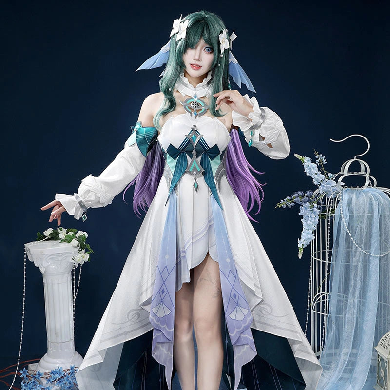 White and teal fantasy cosplay costume, full costume view