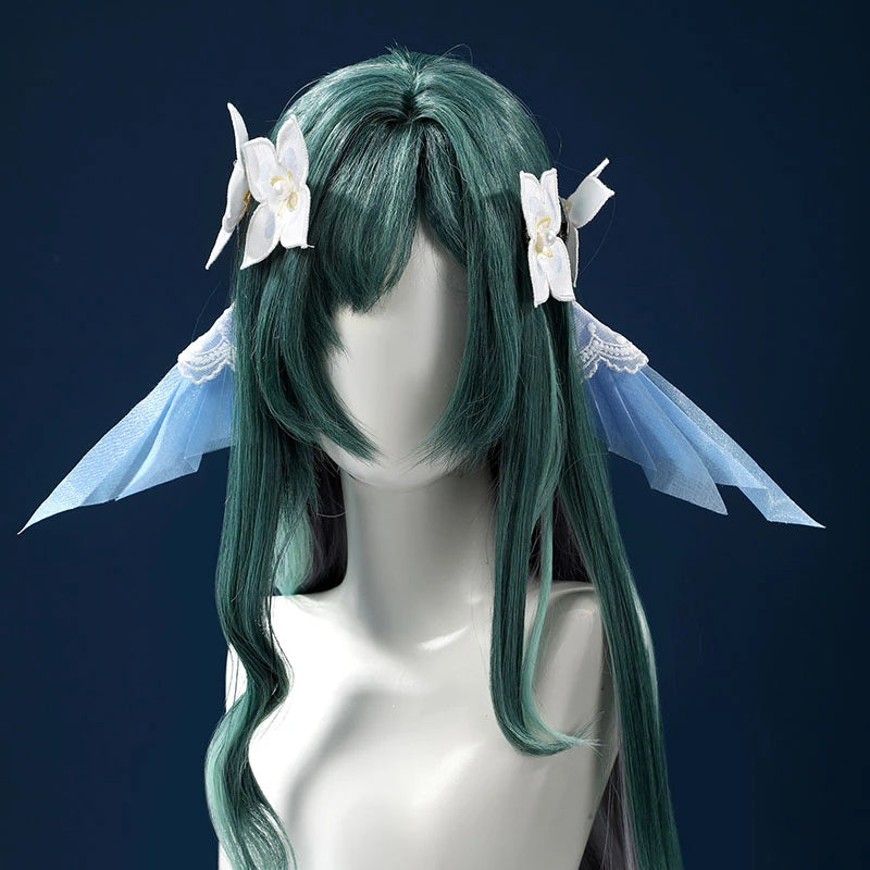 White and teal fantasy cosplay costume, wig and headpiece view