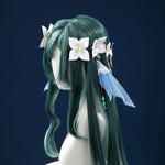 White and teal fantasy cosplay costume, wig and headpiece view