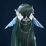 White and teal fantasy cosplay costume, wig and headpiece view