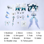 White and teal fantasy cosplay costume, full set flat lay