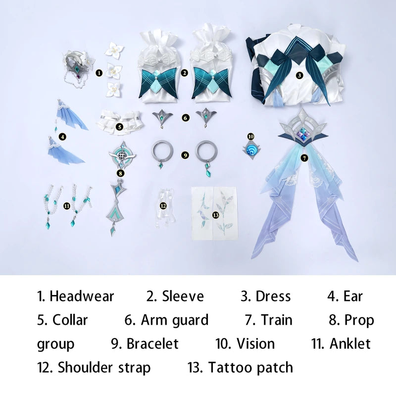 White and teal fantasy cosplay costume, full set flat lay